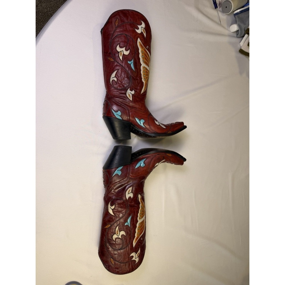 Corral Butterfly Inlay Red Leather Cowboy Boot Country Festival Boho‎ Sz 7.5 - Picture 9 of 12